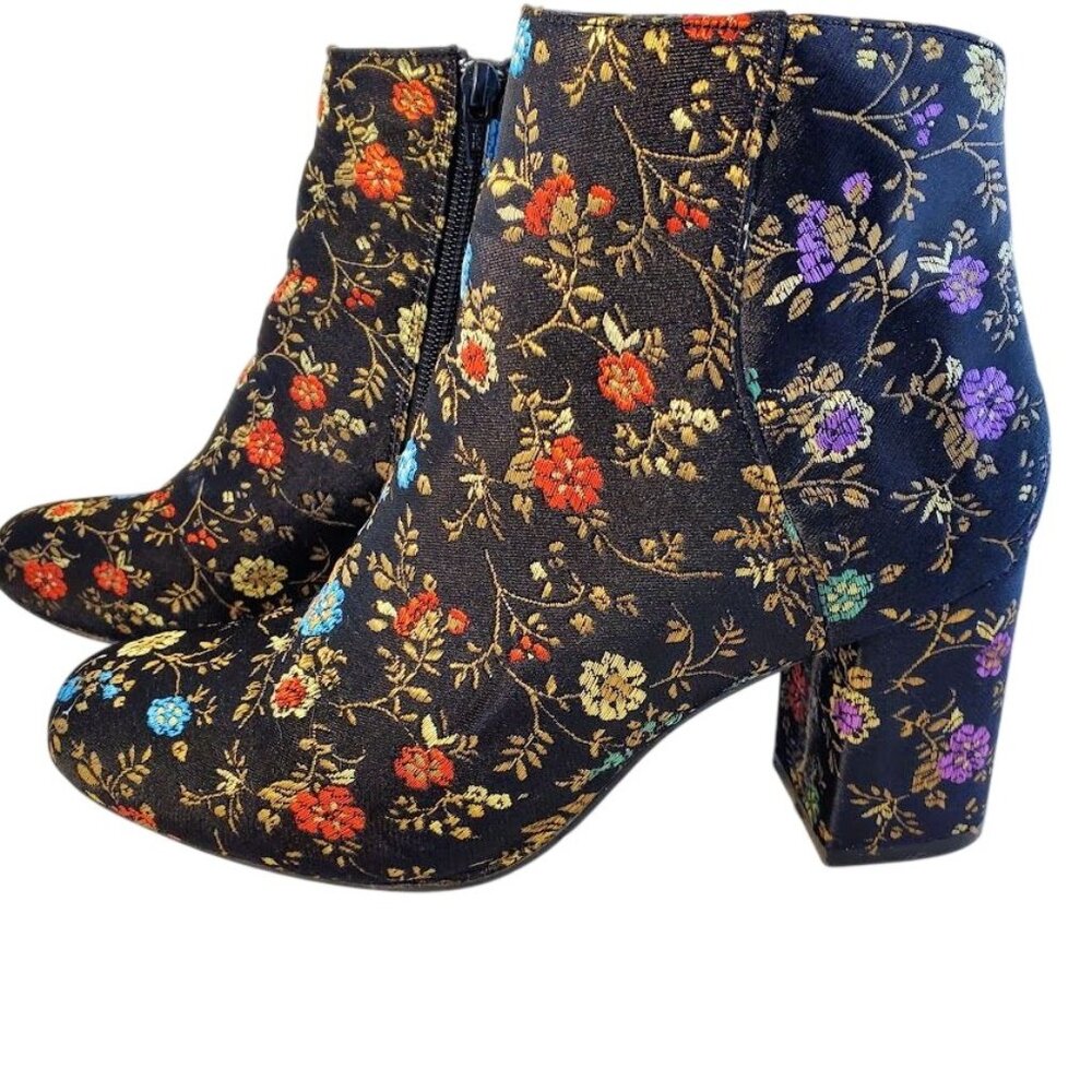 Diba Floral Brocade Ankle Boots 6.5M Boho Tapestry Block Heel